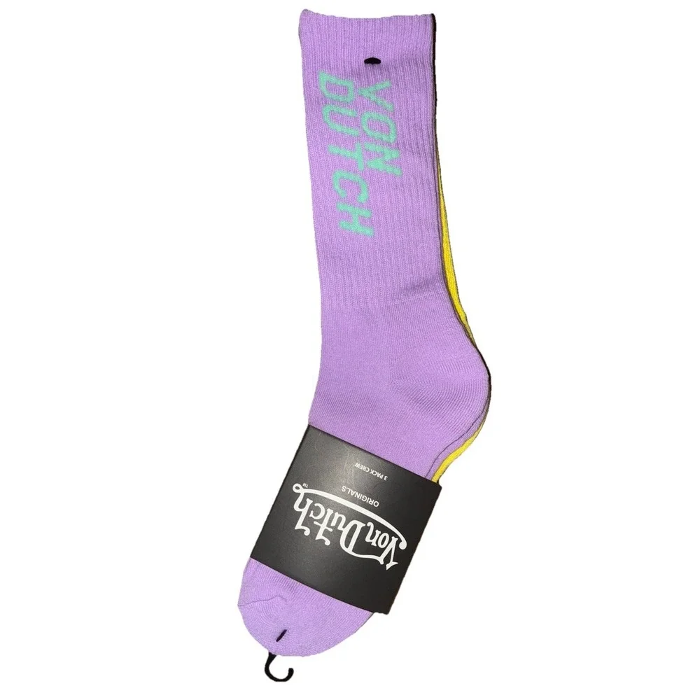 Von Dutch Originals Crew Socks One‎ Size Purple Yellow Blue 3 Pairs NEW